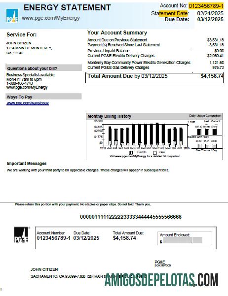 para download Modelo de conta de serviços públicos PG&E dos EUA em formatos Word e PDF, versão 2